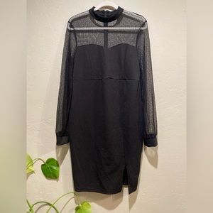 Black mock neck dress with Swiss dot detail on sleeves